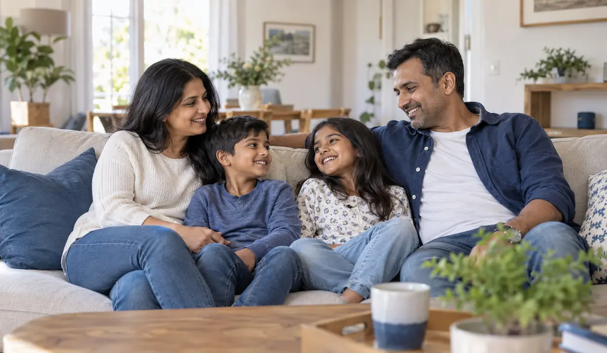 Famille de quatre personnes d’origine indienne réunie dans un salon lumineux
