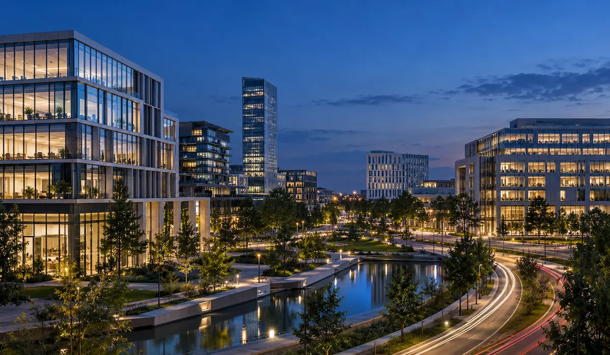 Quartier d’affaires moderne avec immeubles de bureaux éclairés au crépuscule
